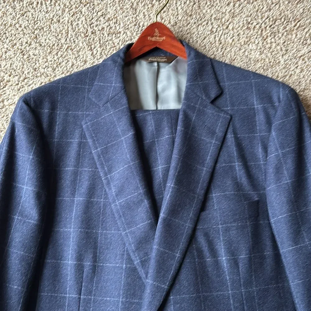 *Luxury* Paul Stuart Navy Windowpane Check Wool Flannel 2 Btn Suit 42 L